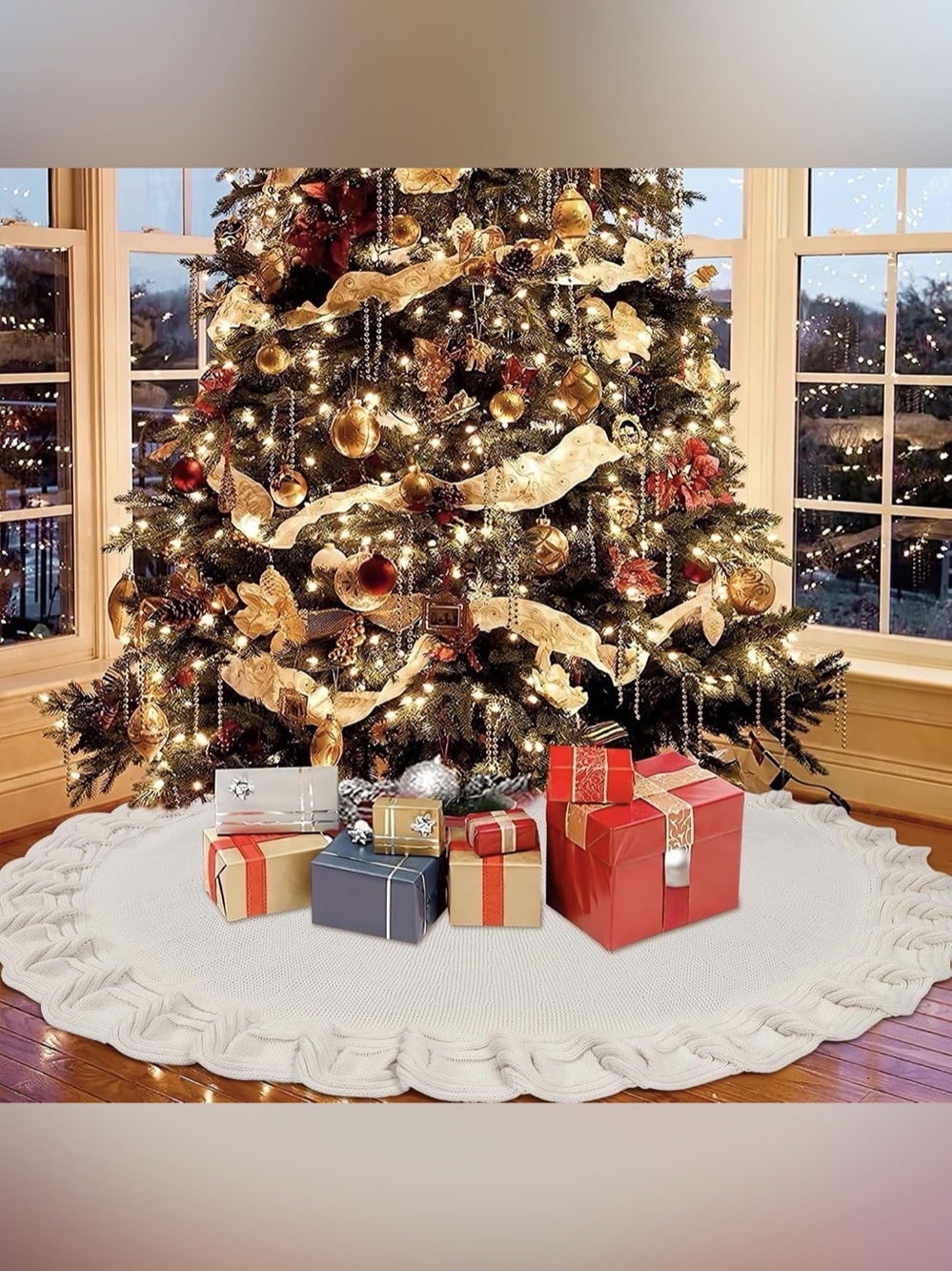 NWT Knitted Christmas Tree Skirt 48 in AVAILABLE IN CREAM OR RED